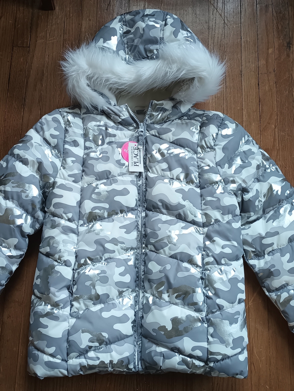 The Children's Place Silver Gray Camo Puffer Jacket with Faux Fur Hood